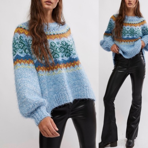 FREE PEOPLE Sweaters - FREE PEOPLE festive frost sweater in ice blue combo Faire Isle Soft Cozy NWT XL